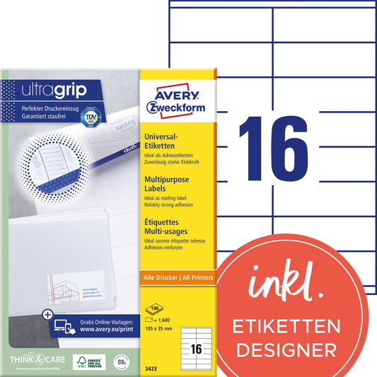 Avery Zweckform Universaletikett ultragrip 105 x 35 mm (B x H) nicht wieder ablösbar Papier weiß 1.600 Etik./Pack.