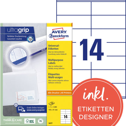 Avery Zweckform Universaletikett ultragrip 105 x 41 mm (B x H) nicht wieder ablösbar Papier weiß 1.400 Etik./Pack.