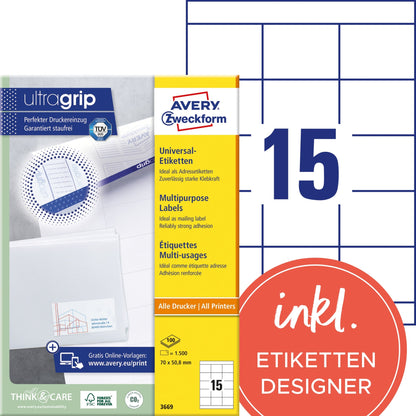 Avery Zweckform Universaletikett ultragrip 70 x 50,8 mm (B x H) nicht wieder ablösbar Papier weiß 1.500 Etik./Pack.