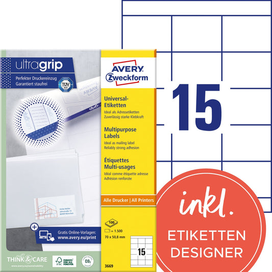 Avery Zweckform Universaletikett ultragrip 70 x 50,8 mm (B x H) nicht wieder ablösbar Papier weiß 1.500 Etik./Pack.