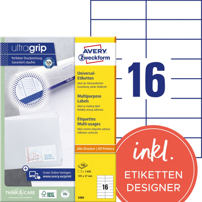 Avery Zweckform Universaletikett ultragrip 105 x 37 mm (B x H) nicht wieder ablösbar Papier weiß 1.600 Etik./Pack.