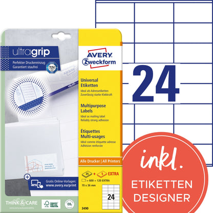 Avery Zweckform Universaletikett ultragrip 70 x 36 mm (B x H) nicht wieder ablösbar Papier weiß 720 Etik./Pack.