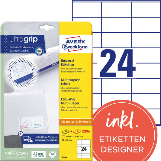 Avery Zweckform Universaletikett ultragrip 70 x 36 mm (B x H) nicht wieder ablösbar Papier weiß 720 Etik./Pack.
