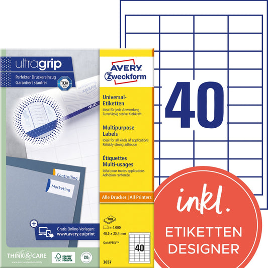 Avery Zweckform Universaletikett ultragrip 48,5 x 25,4 mm (B x H) nicht wieder ablösbar Papier weiß 4.000 Etik./Pack.