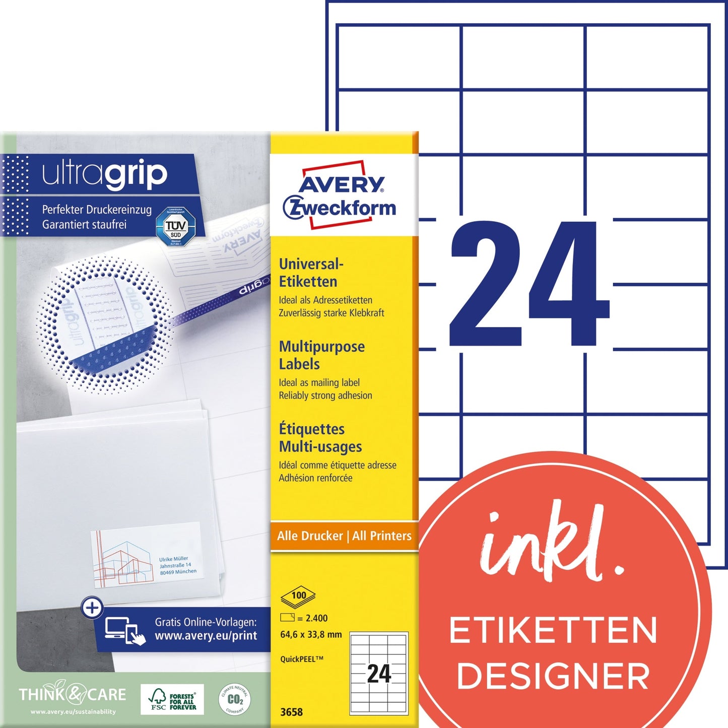 Avery Zweckform Universaletikett ultragrip 64,6 x 33,8 mm (B x H) nicht wieder ablösbar Papier weiß 2.400 Etik./Pack.