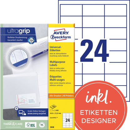 Avery Zweckform Universaletikett ultragrip 64,6 x 33,8 mm (B x H) nicht wieder ablösbar Papier weiß 2.400 Etik./Pack.