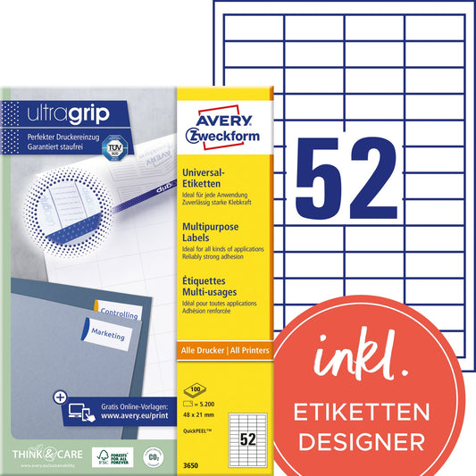Avery Zweckform Universaletikett ultragrip 48 x 21 mm (B x H) nicht wieder ablösbar Papier weiß 5.200 Etik./Pack.