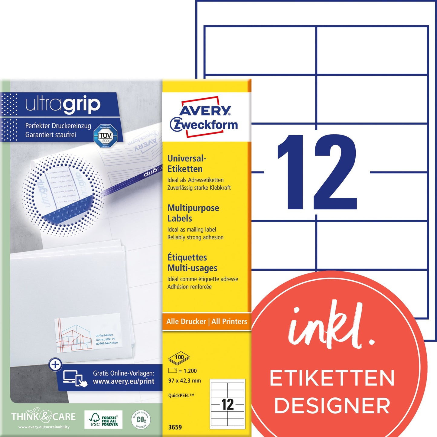Avery Zweckform Universaletikett ultragrip 97 x 42,3 mm (B x H) nicht wieder ablösbar Papier weiß 1.200 Etik./Pack.