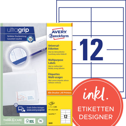 Avery Zweckform Universaletikett ultragrip 97 x 42,3 mm (B x H) nicht wieder ablösbar Papier weiß 1.200 Etik./Pack.