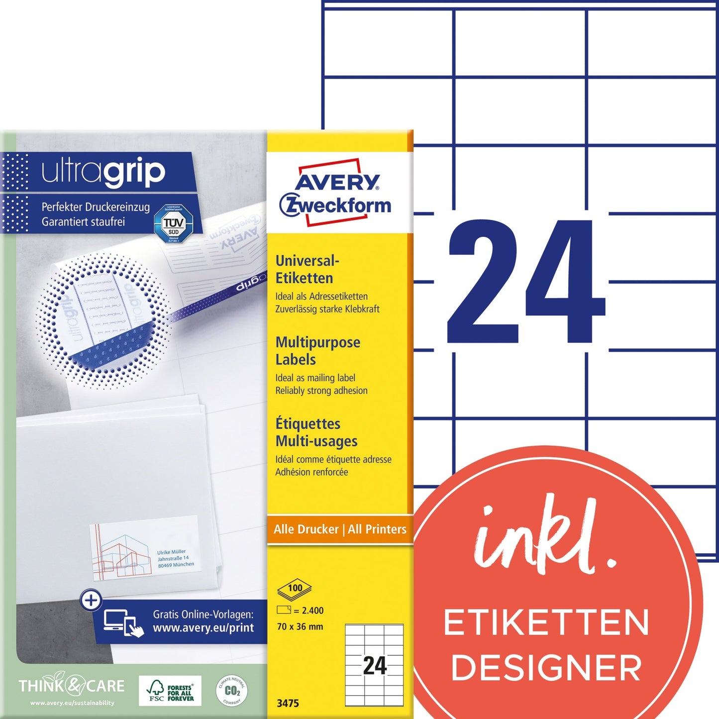 Avery Zweckform Universaletikett ultragrip 70 x 36 mm (B x H) nicht wieder ablösbar Papier weiß 2.400 Etik./Pack.