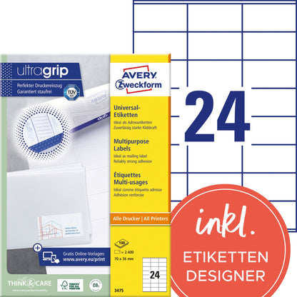Avery Zweckform Universaletikett ultragrip 70 x 36 mm (B x H) nicht wieder ablösbar Papier weiß 2.400 Etik./Pack.