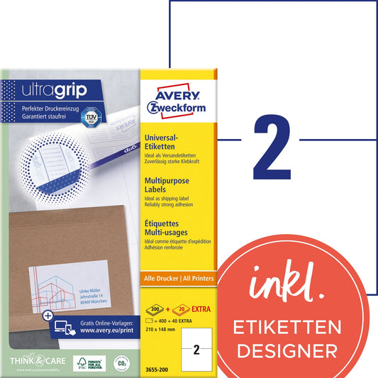 Avery Zweckform Universaletikett ultragrip 210 x 148 mm (B x H) nicht wieder ablösbar Papier weiß 440 Etik./Pack.
