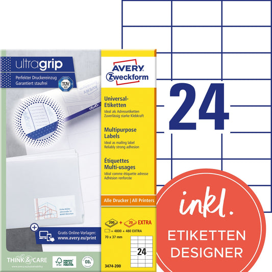 Avery Zweckform Universaletikett ultragrip 70 x 37 mm (B x H) nicht wieder ablösbar Papier weiß 5.280 Etik./Pack.