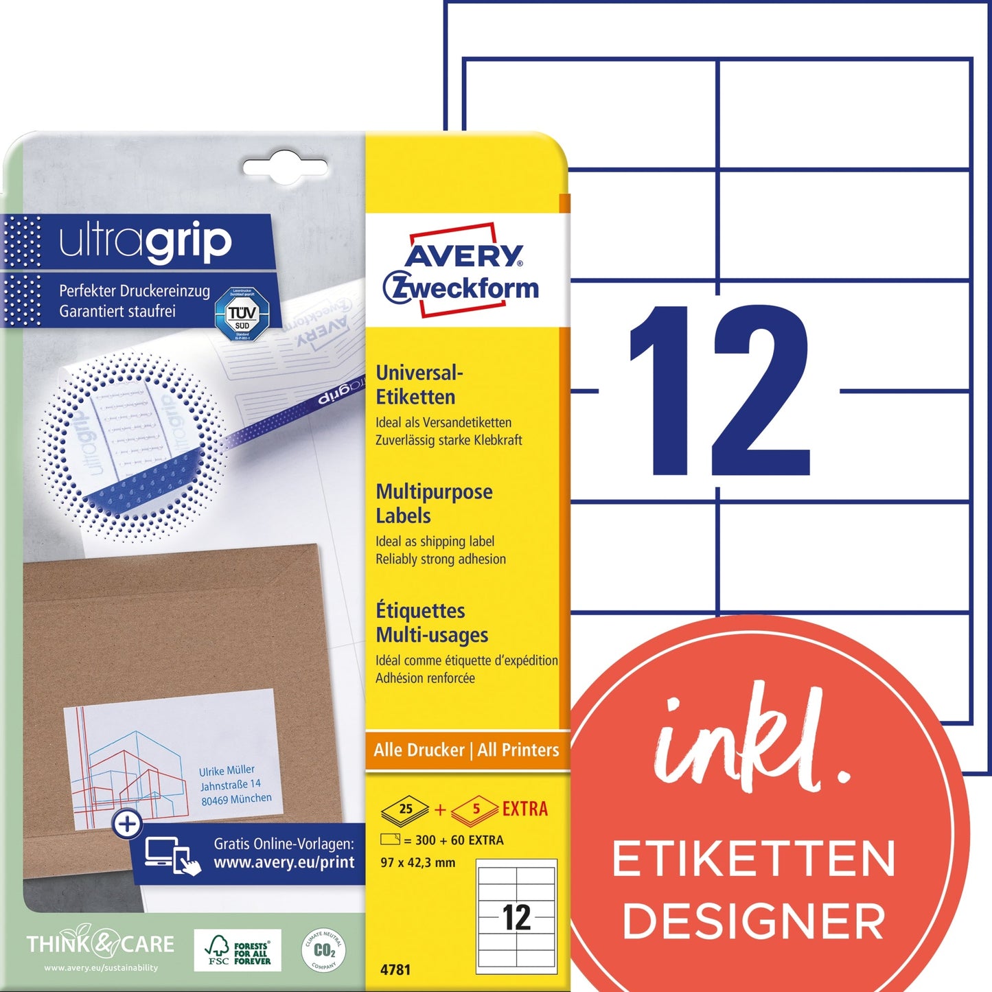 Avery Zweckform Universaletikett ultragrip 97 x 42,3 mm (B x H) Papier weiß 360 Etik./Pack.