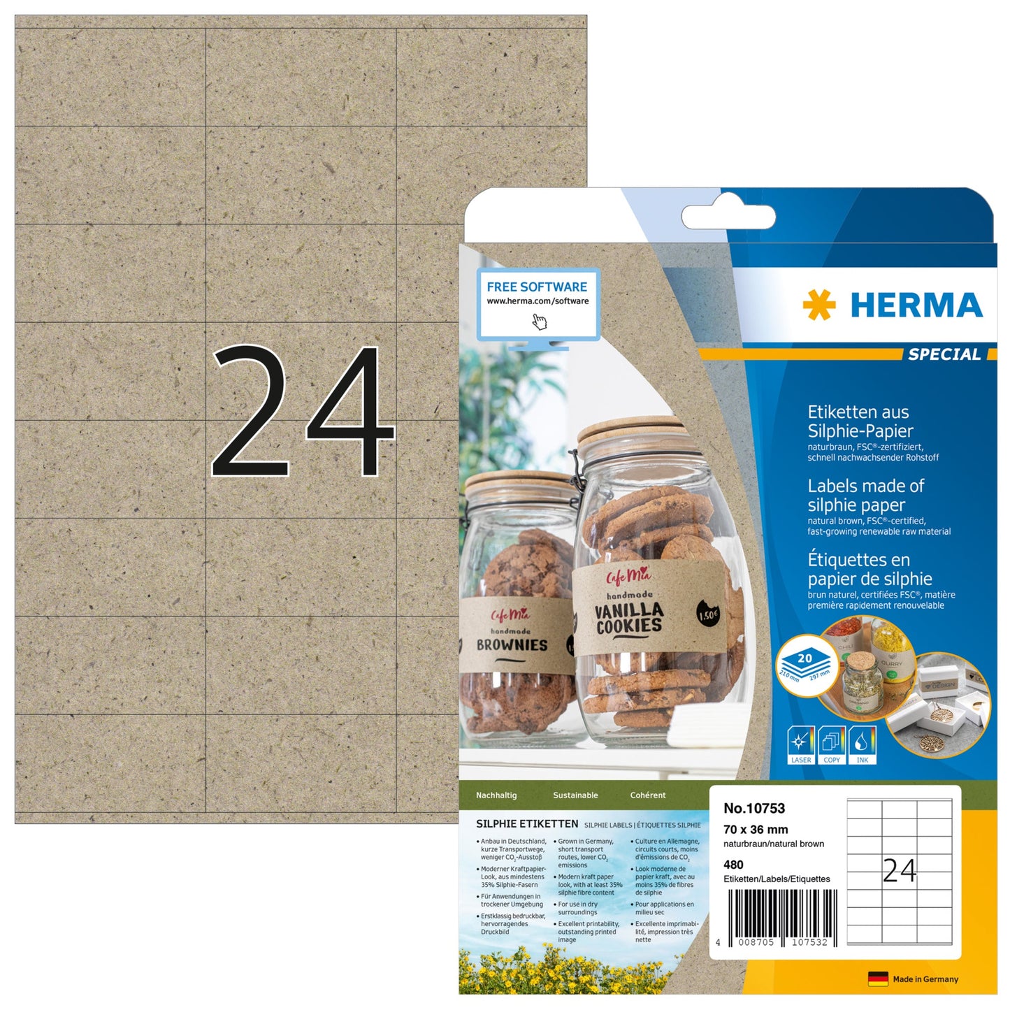 HERMA Universaletikett SPECIAL 70 x 36 mm (B x H) nicht wieder ablösbar Silphiepapier naturbraun 480 Etik./Pack.