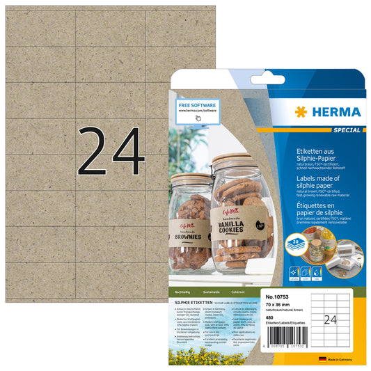 HERMA Universaletikett SPECIAL 70 x 36 mm (B x H) nicht wieder ablösbar Silphiepapier naturbraun 480 Etik./Pack.