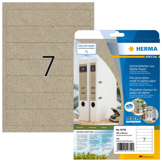 HERMA Ordnerrückenetikett SPECIAL schmal/kurz 38 x 192 mm (B x H) selbstklebend ohne Griffloch naturbraun 140 Etik./Pack.