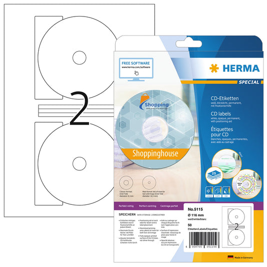 HERMA CD/DVD Etikett 116mm Papier weiß 50 Etik./Pack.