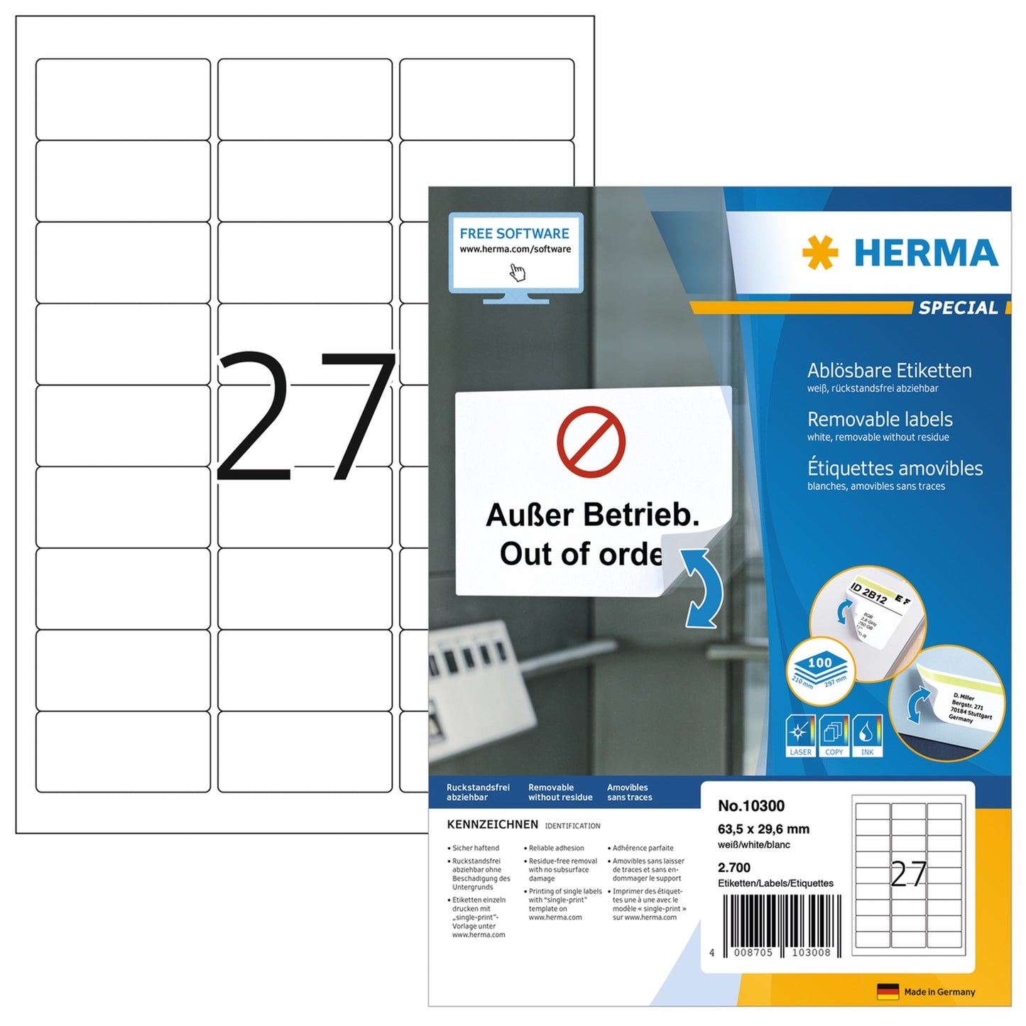 HERMA Haftetikett 63,5 x 29,6 mm (B x H) wieder ablösbar Papier weiß 2.700 Etik./Pack.