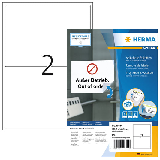 HERMA Haftetikett 199,6 x 143,5 mm (B x H) wieder ablösbar Papier weiß 200 Etik./Pack.