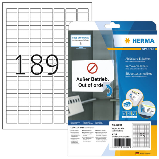 HERMA Haftetikett 25,4 x 10 mm (B x H) wieder ablösbar Papier weiß 4.725 Etik./Pack.
