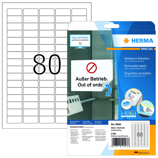 HERMA Haftetikett 35,6 x 16,9 mm (B x H) wieder ablösbar Papier weiß 2.000 Etik./Pack.