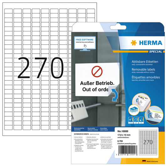 HERMA Haftetikett 17,8 x 10 mm (B x H) wieder ablösbar Papier weiß 6.750 Etik./Pack.