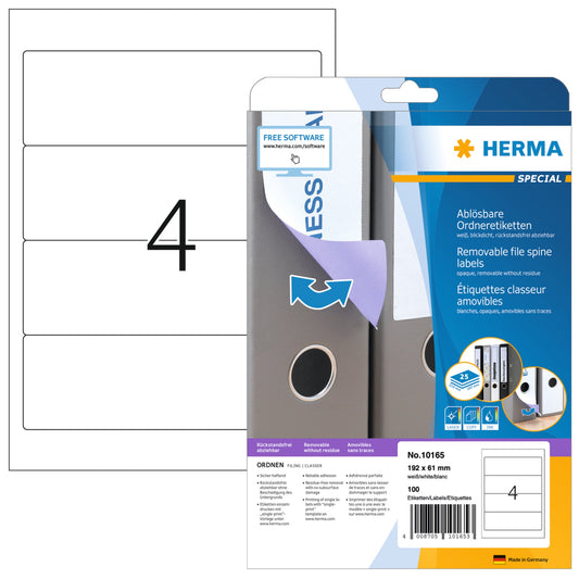 HERMA Ordnerrückenetikett breit/kurz 61 x 192 mm (B x H) selbstklebend ohne Griffloch weiß 100 Etik./Pack.