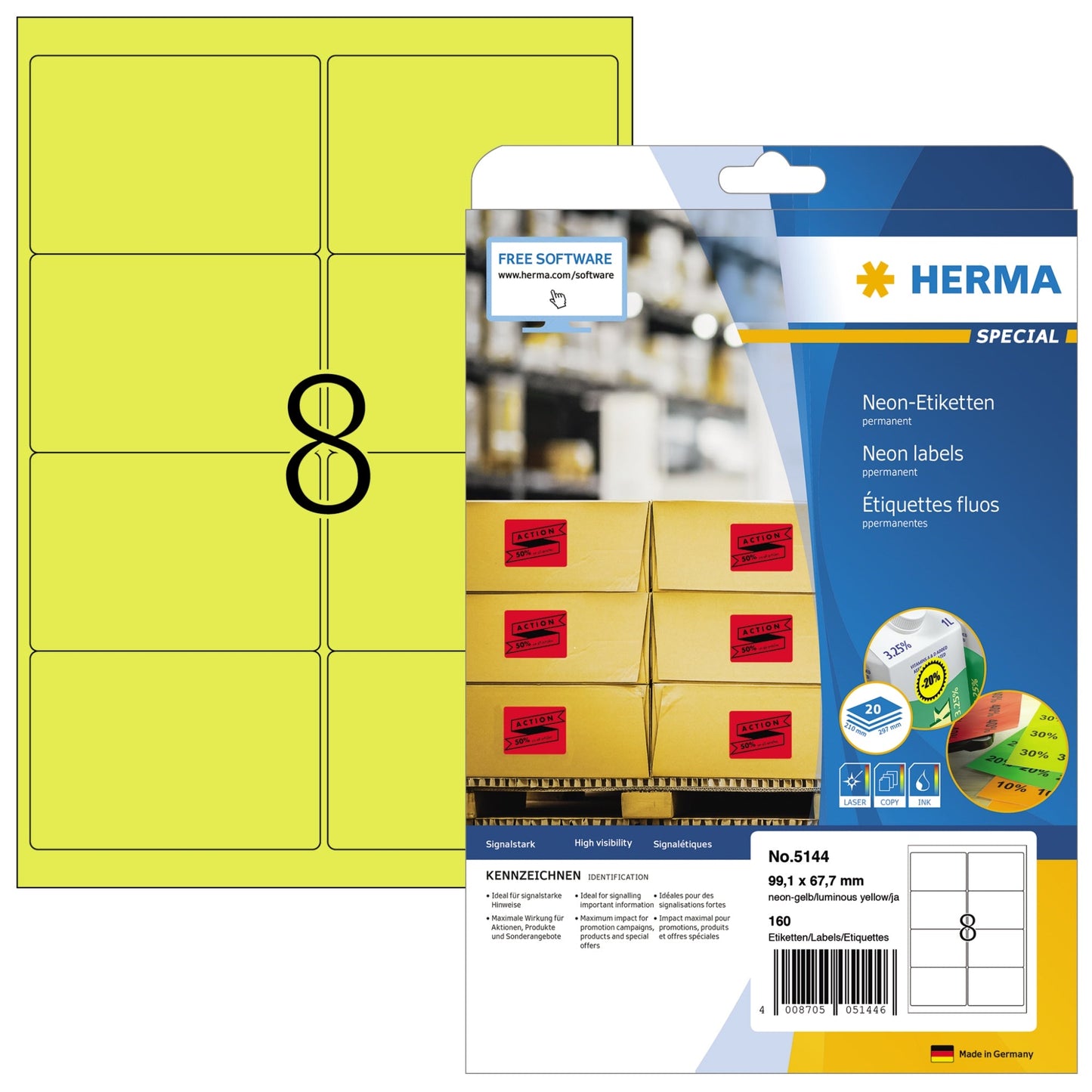 HERMA Neonetikett 99,1 x 67,7 mm (B x H) nicht wieder ablösbar neongelb 160 Etik./Pack.