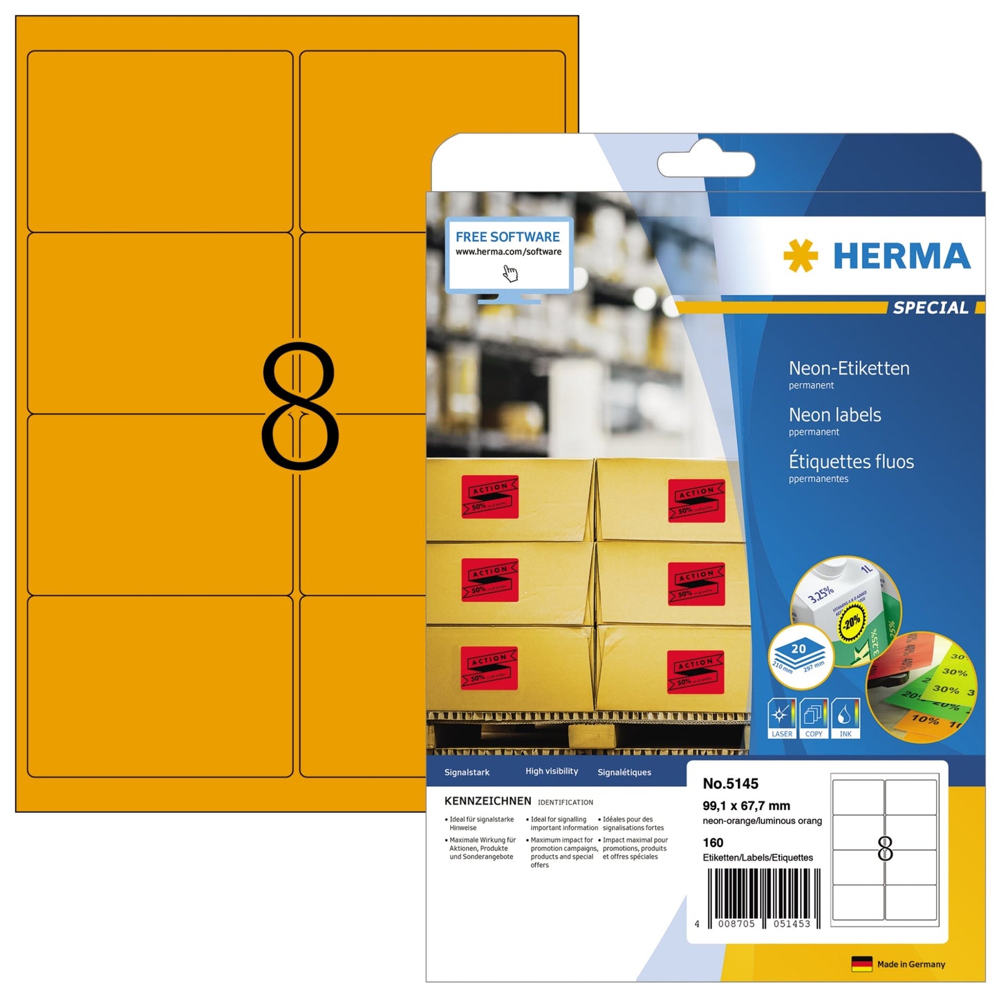 HERMA Neonetikett 99,1 x 67,7 mm (B x H) nicht wieder ablösbar neonorange 160 Etik./Pack.