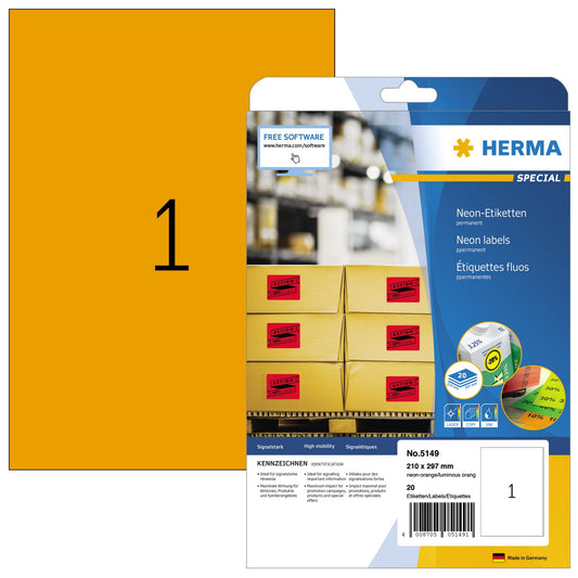 HERMA Neonetikett 210 x 297 mm (B x H) nicht wieder ablösbar neonorange 20 Etik./Pack.