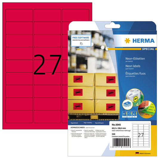 HERMA Neonetikett 63,5 x 29,6 mm (B x H) nicht wieder ablösbar neonrot 540 Etik./Pack.