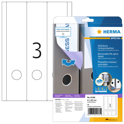 HERMA Ordnerrückenetikett breit/lang 61 x 297 mm (B x H) selbstklebend mit Griffloch weiß 75 Etik./Pack.
