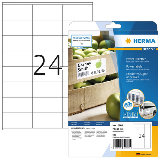 HERMA Universaletikett Power 70 x 36 mm (B x H) nicht wieder ablösbar Papier weiß 600 Etik./Pack.