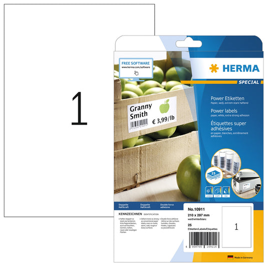 HERMA Universaletikett Power 210 x 297 mm (B x H) nicht wieder ablösbar Papier weiß 25 Etik./Pack.