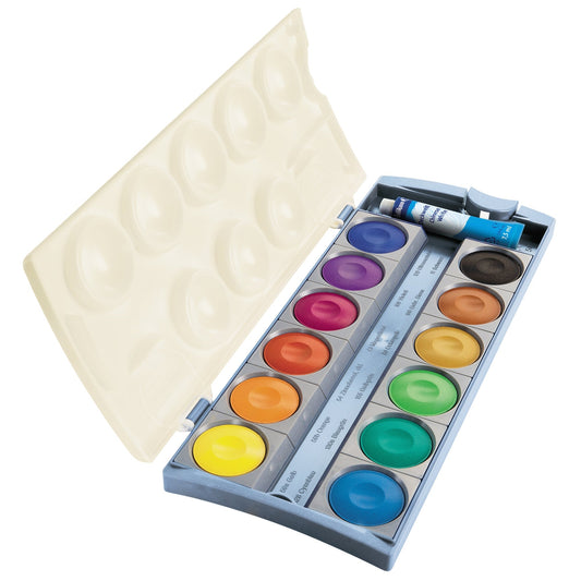 Pelikan Farbkasten K12® eco 12 Farben schwarz, magentarot, zinnoberrot, gelb, orange, ockergelb, violett, ultramarinblau, cyanblau, blaugrün, gelbgrün, gebrannt siena Kunststoff, 95 % recycelt