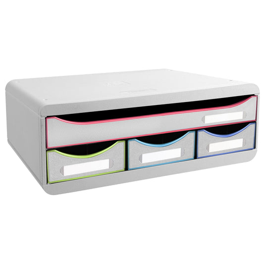 Exacompta Schubladenbox TOOLBOX Mini 4 Schubladen DIN A4 quer Polystyrol Gehäusefarbe: weiß Farbe der Schublade: weiß/mehrfarbig