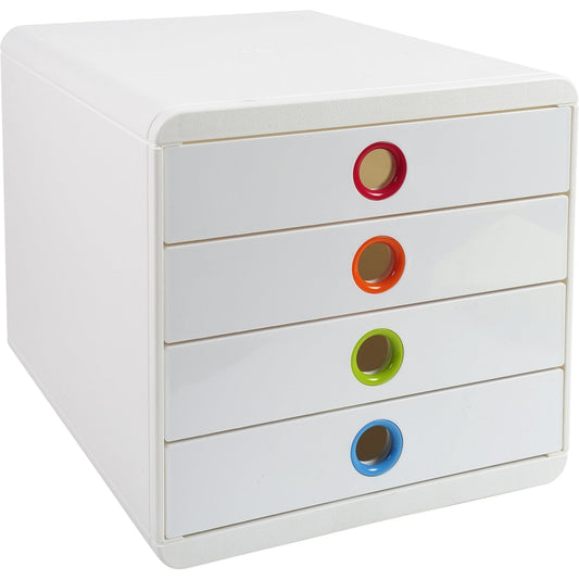 Exacompta Schubladenbox POP-BOX 4 Schubladen DIN A4, Überbreite Polystyrol Gehäusefarbe: weiß Farbe der Schublade: weiß/harlekin