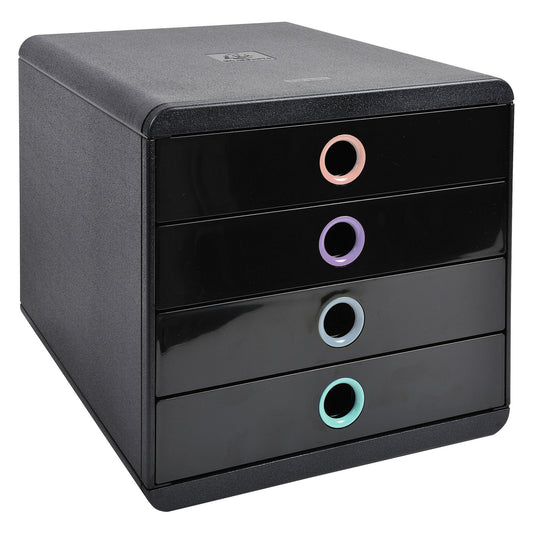 Exacompta Schubladenbox POP-BOX 4 Schubladen DIN A4, Überbreite Polystyrol Gehäusefarbe: schwarz Farbe der Schublade: schwarz/mehrfarbig