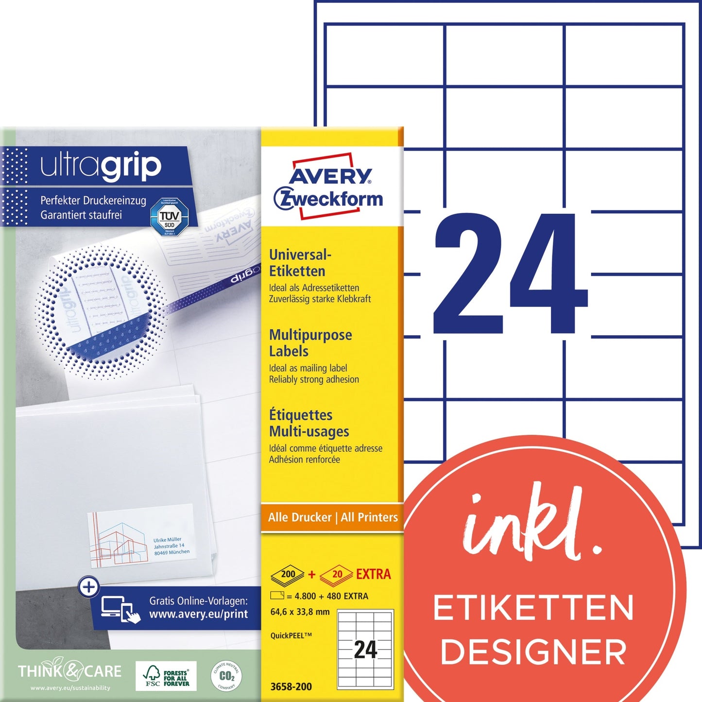 Avery Zweckform Universaletikett ultragrip 64,6 x 33,8 mm (B x H) nicht wieder ablösbar Papier weiß 5.280 Etik./Pack.