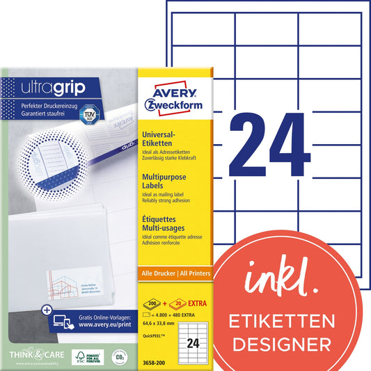 Avery Zweckform Universaletikett ultragrip 64,6 x 33,8 mm (B x H) nicht wieder ablösbar Papier weiß 5.280 Etik./Pack.