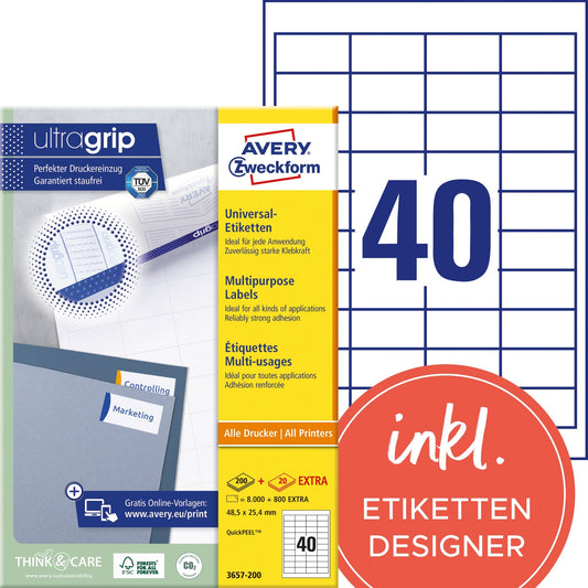 Avery Zweckform Universaletikett ultragrip 48,5 x 25,4 mm (B x H) nicht wieder ablösbar Papier weiß 8.800 Etik./Pack.