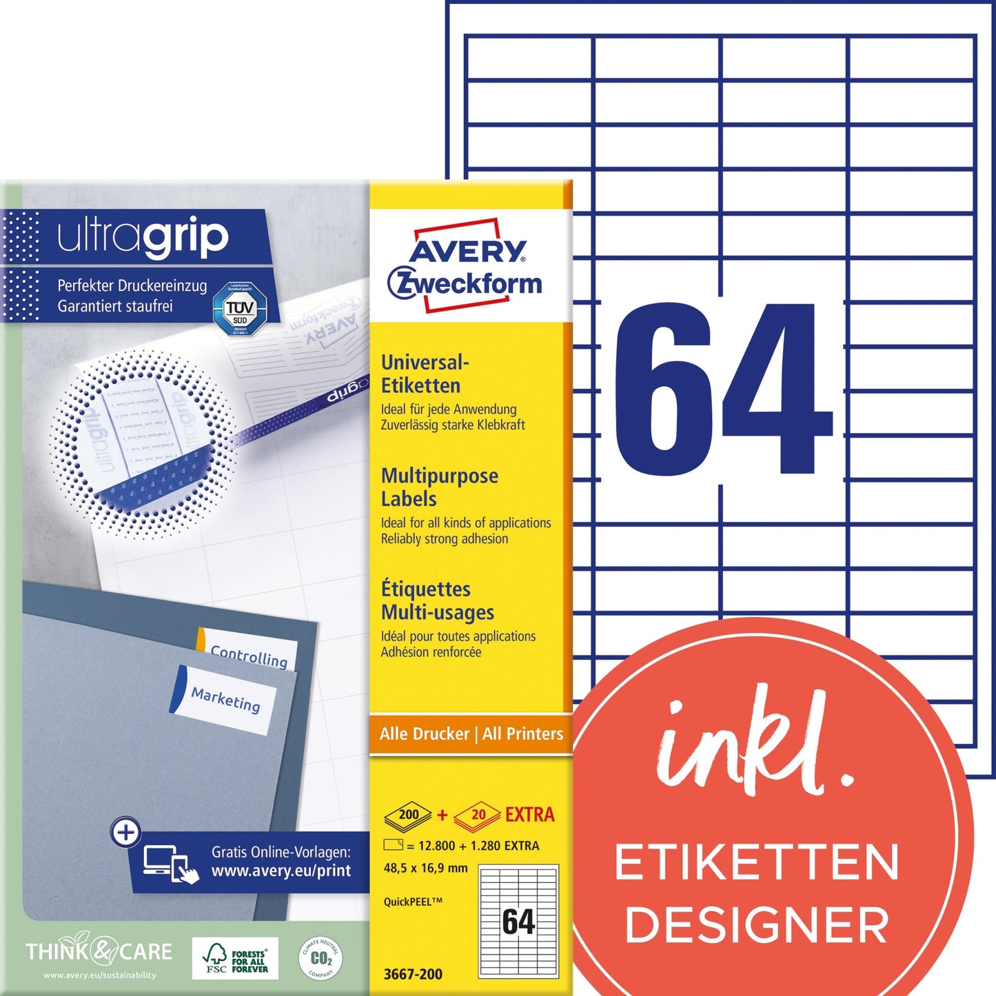 Avery Zweckform Universaletikett ultragrip 48,5 x 16,9 mm (B x H) nicht wieder ablösbar Papier weiß 14.080 Etik./Pack.