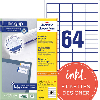 Avery Zweckform Universaletikett ultragrip 48,5 x 16,9 mm (B x H) nicht wieder ablösbar Papier weiß 14.080 Etik./Pack.