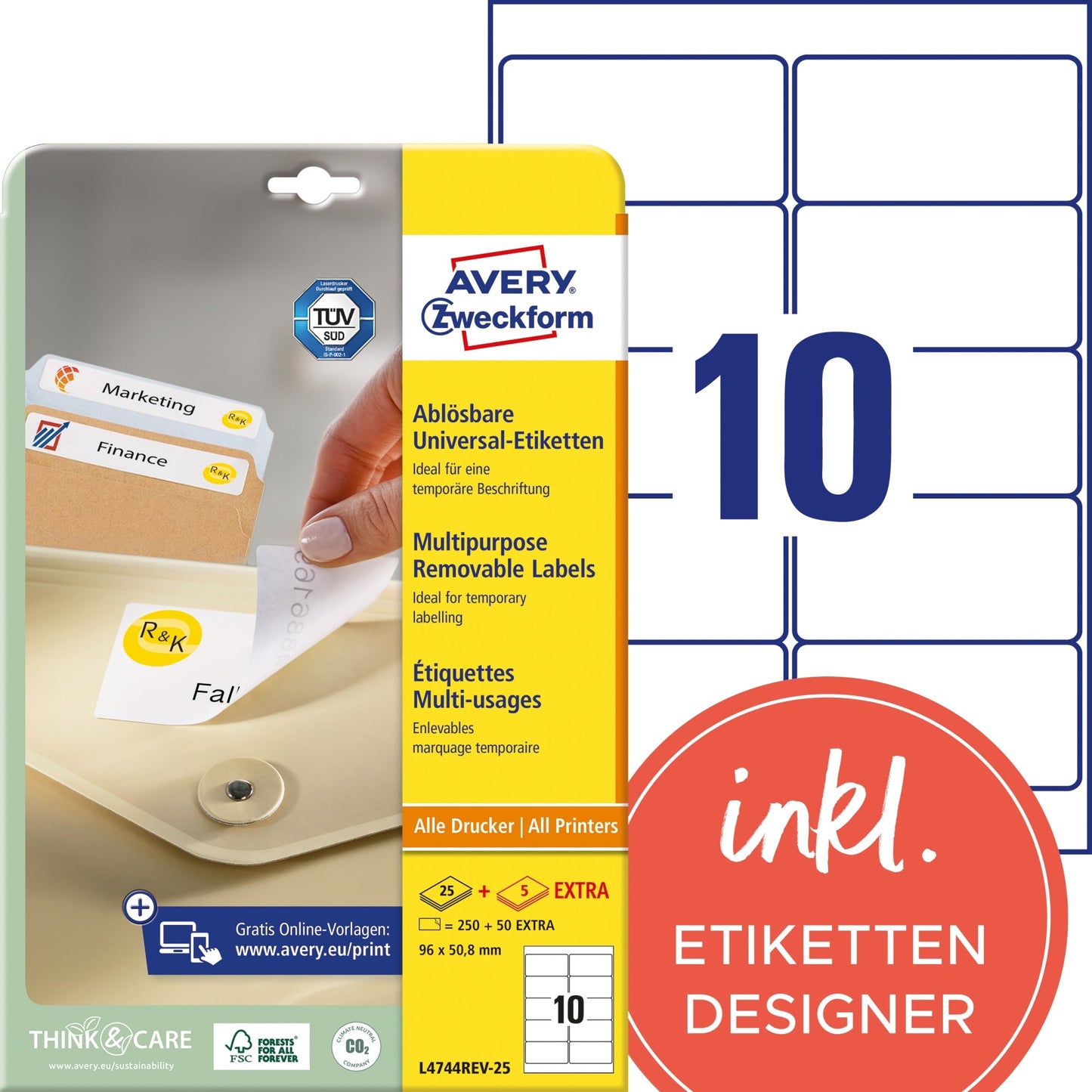 Avery Zweckform Universaletikett 96 x 50,8 mm (B x H) wieder ablösbar Papier weiß 300 Etik./Pack.