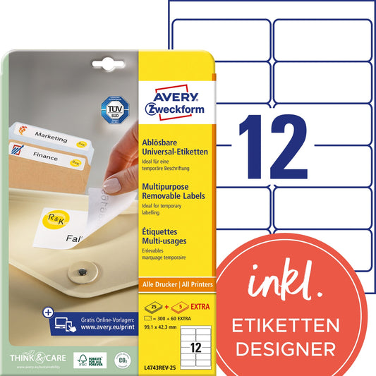 Avery Zweckform Universaletikett 99,1 x 42,3 mm (B x H) wieder ablösbar Papier weiß 360 Etik./Pack.