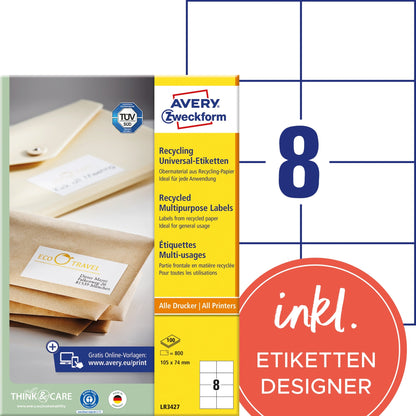 Avery Zweckform Universaletikett Recycling 105 x 74 mm (B x H) nicht wieder ablösbar 100 % Altpapier naturweiß 800 Etik./Pack.