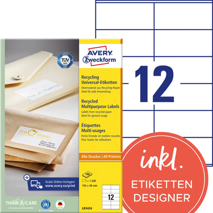 Avery Zweckform Universaletikett Recycling 105 x 48 mm (B x H) nicht wieder ablösbar 100 % Altpapier naturweiß 1.200 Etik./Pack.