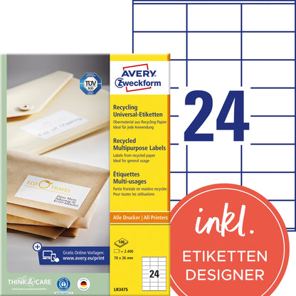 Avery Zweckform Universaletikett Recycling 70 x 36 mm (B x H) nicht wieder ablösbar 100 % Altpapier naturweiß 2.400 Etik./Pack.
