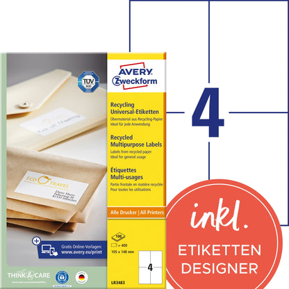 Avery Zweckform Universaletikett Recycling 105 x 148 mm (B x H) nicht wieder ablösbar 100 % Altpapier naturweiß 400 Etik./Pack.